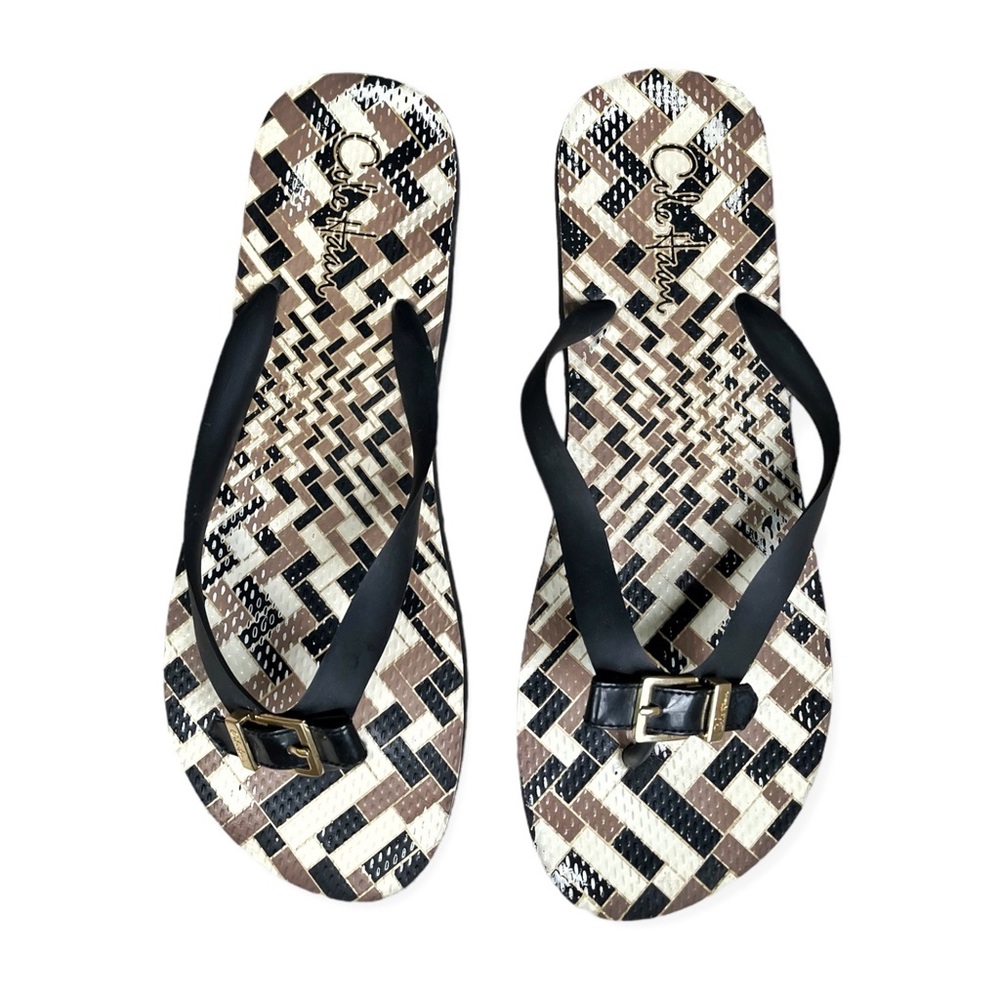 Cole Haan Brown/Tan/Black Patterned Flip Flops w/Signature Bow, sz 8